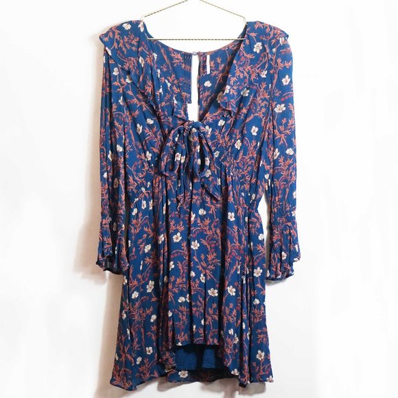 Free People Blue Floral Ruffle Me Up Mini Dress L - Picture 2 of 5